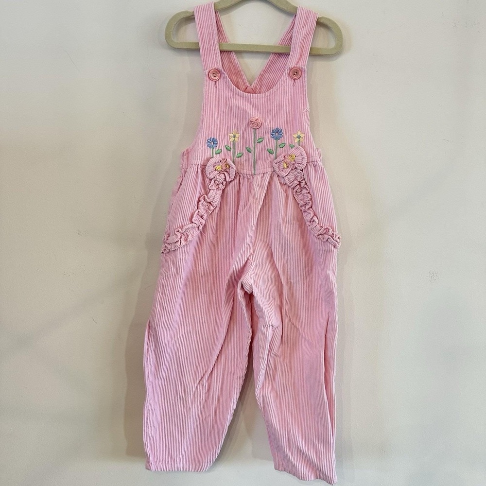 VTG 90s Toddler Girl 4T Pink Corduroy Bib Overalls Floral Embroidered Parachute‎